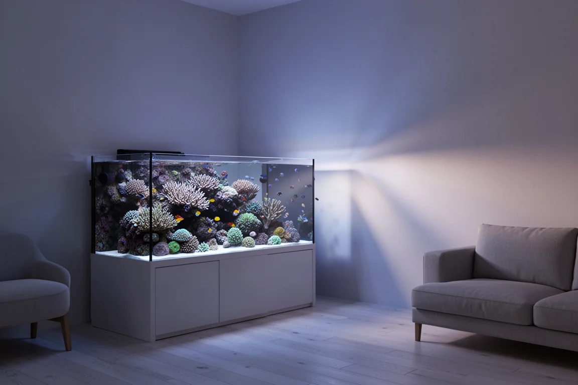 Mature reef aquarium display tank glowing in a calm minimalist living room at dusk