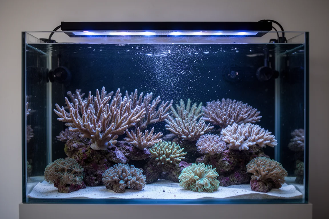 Reef aquarium under blue LED lighting with food drifting through the water column