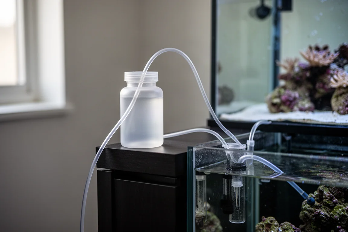 Dosing pump tubing feeding a supplement bottle beside a reef aquarium