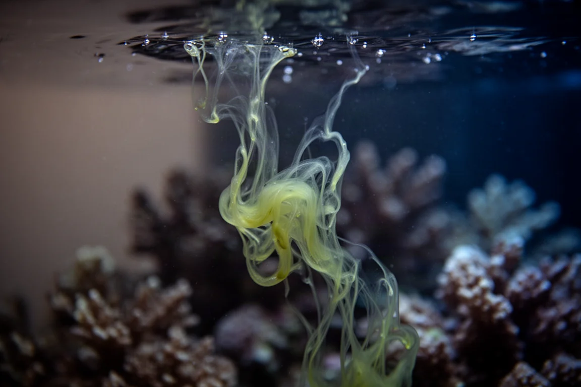 Greenish-yellow glow of liquid coral food drifting through blue-lit tank water