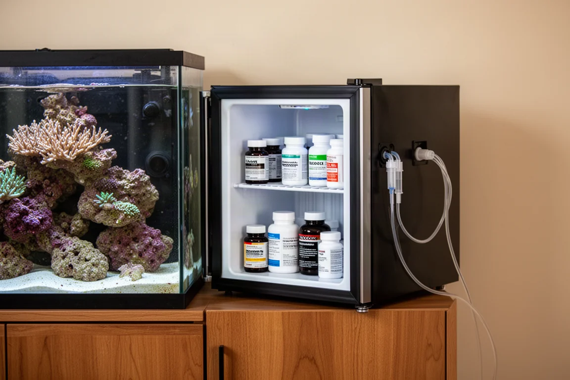 Small refrigerator beside a reef tank holding supplement bottles and tubing