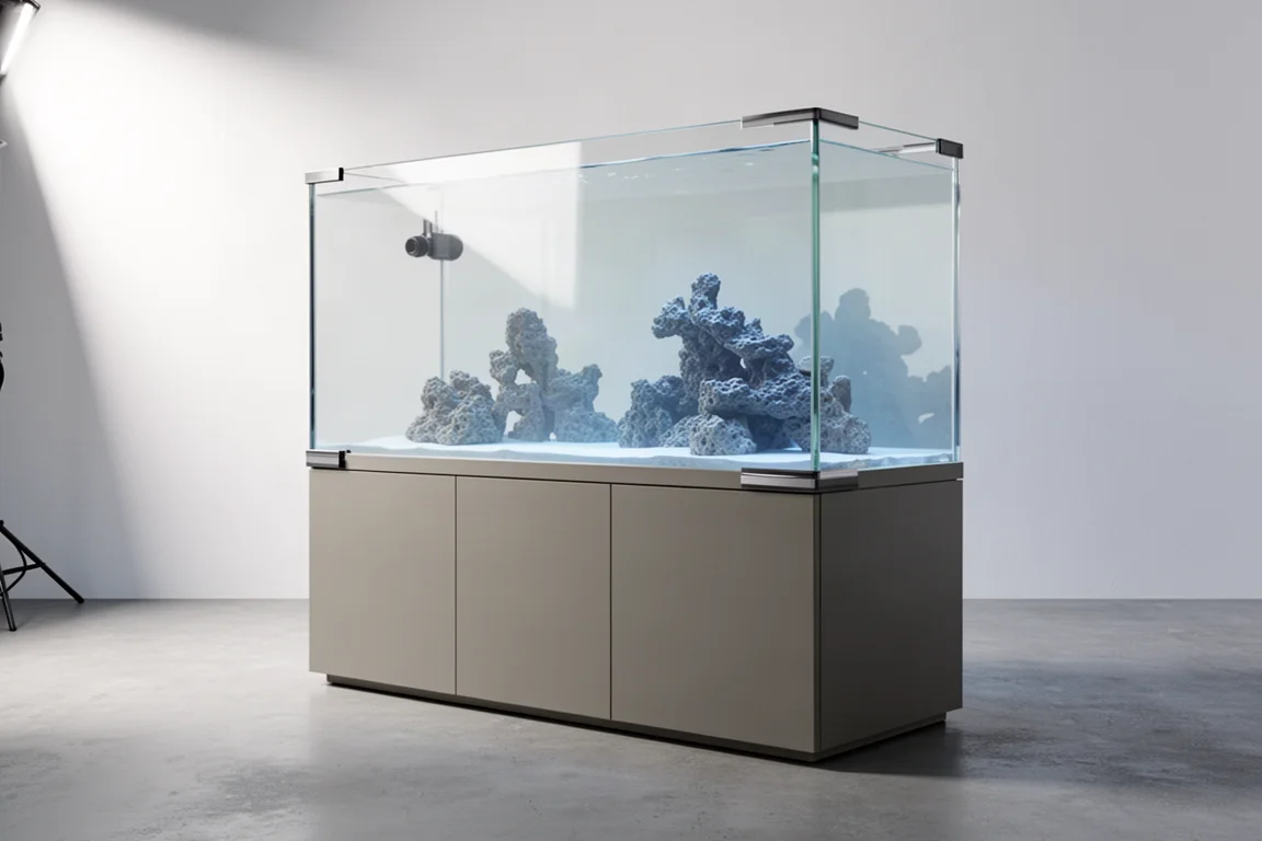 Ramfritt glasakvarium för rev på en minimalistisk matt bänk i mjukt studioljus