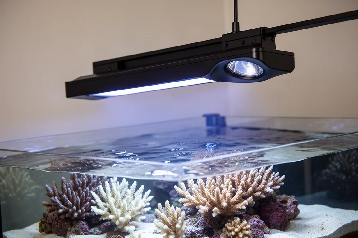 点灯したサンゴリーフ水槽の上に設置された、スリムな黒いLEDリーフアクアリウムライト