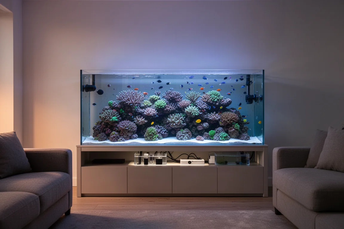 Riffaquarium im Wohnzimmer, fotografiert in weichem Abendlicht