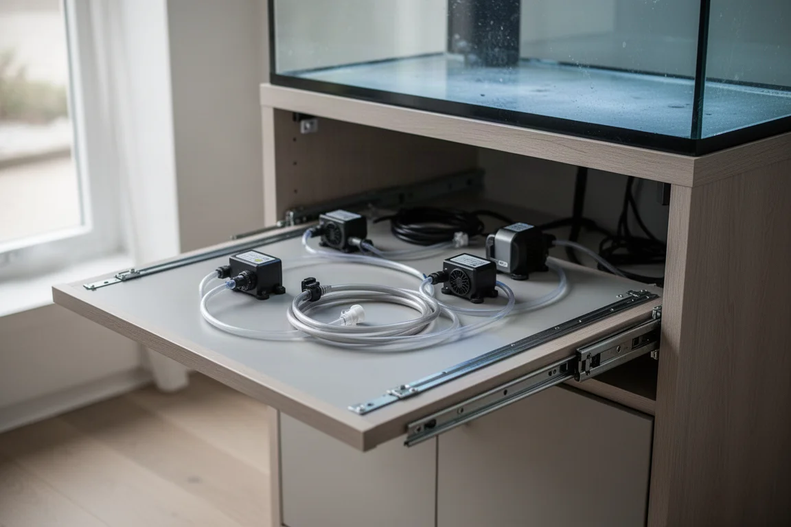 Under-stand cabinet interior with controllers and tubing neatly mounted on a pull-out panel