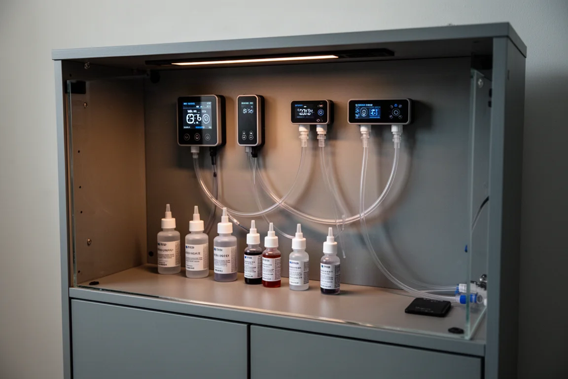Two dosing bottles and small controllers arranged below a reef aquarium cabinet