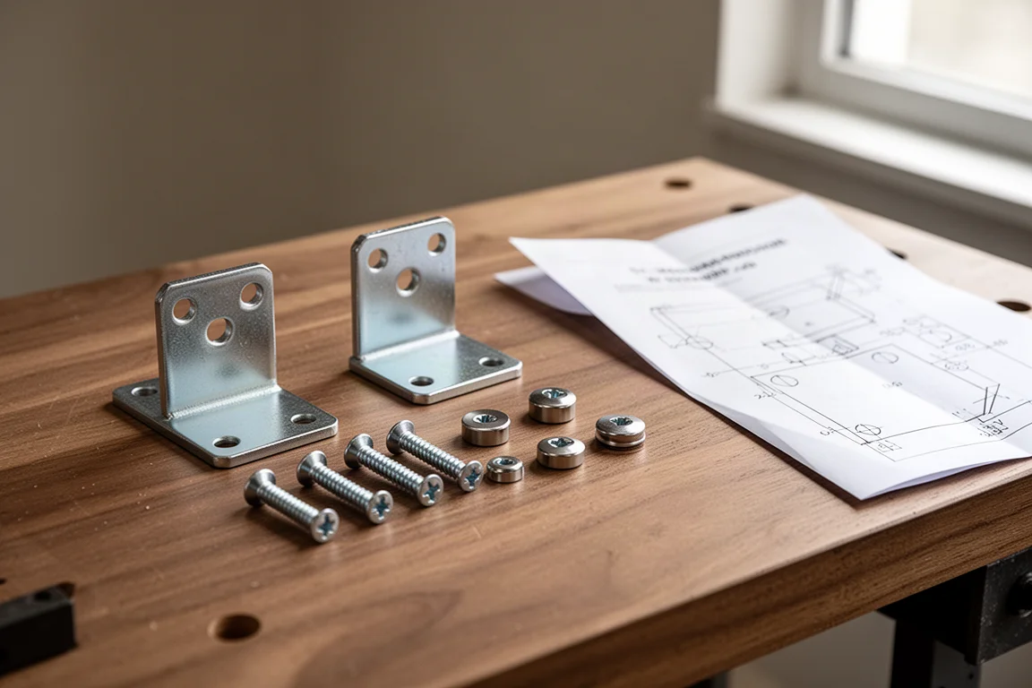 Hands-free close-up of mounting brackets and a paper template on a workshop surface