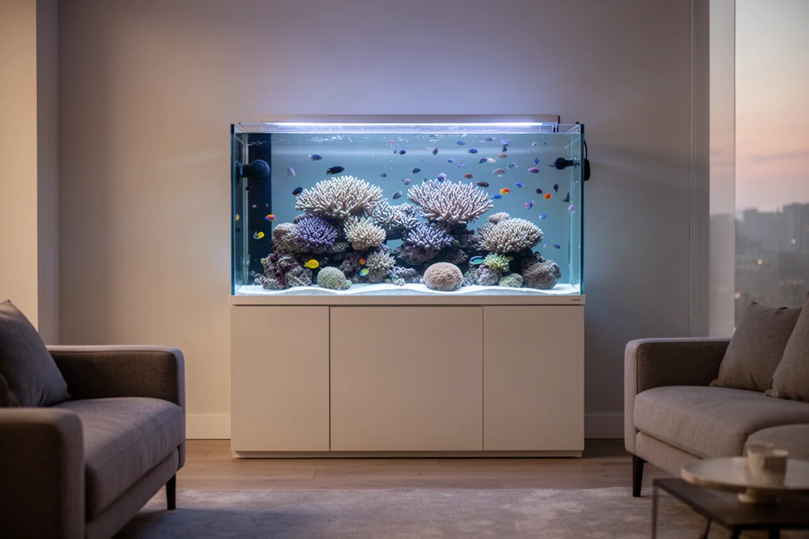 Reef aquarium in a living space with a neat cabinet stand below the display tank