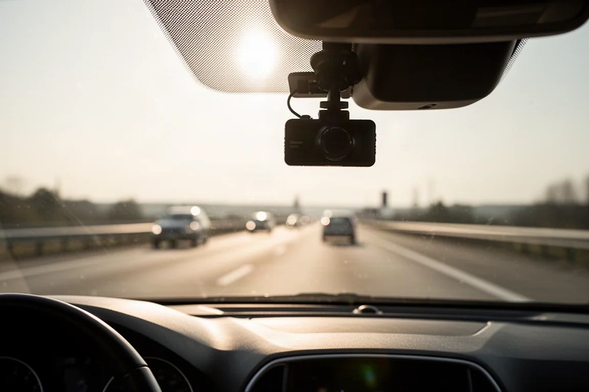Kamera samochodowa zamontowana na przedniej szybie z widokiem na autostradę w świetle dziennym