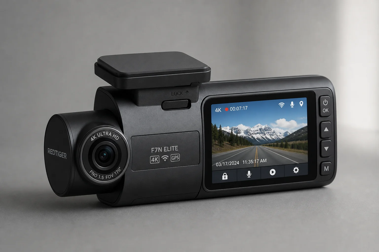 Sammlung moderner Dash Cams auf einer Betonoberfläche, die Einzel-, Dual- und spiegelbasierte Modelle zeigt