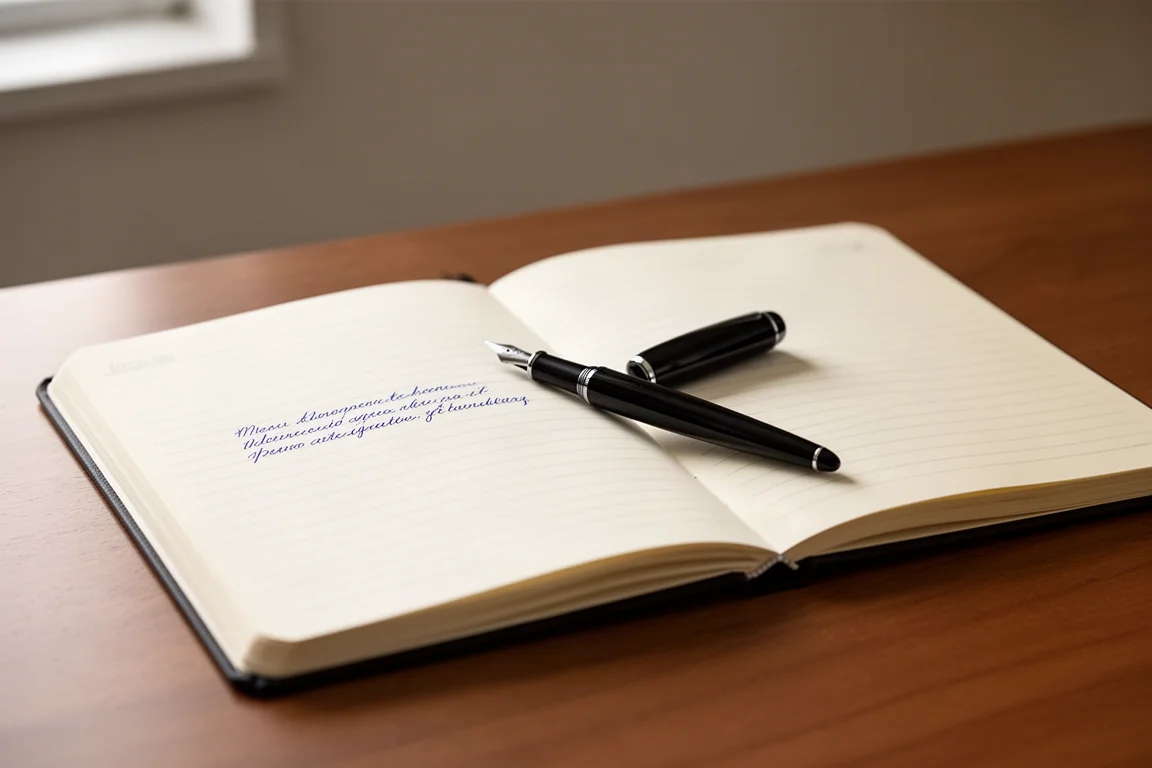 Open hardcover dagboek op een bureau met een fountain pen liggend op de pagina