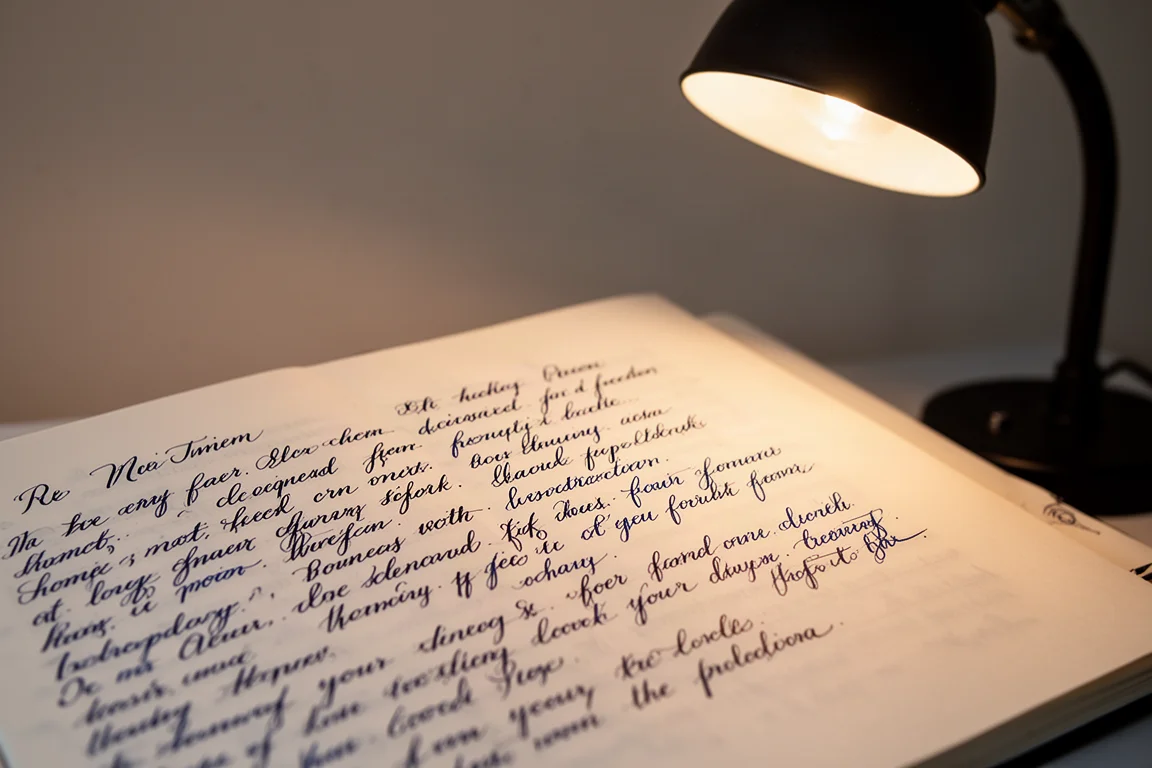 Handgeschreven dagboekpagina in het warme licht van een avondbureaulamp