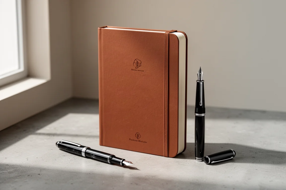 Brown hardback journal standing beside a black fountain pen on a concrete surface