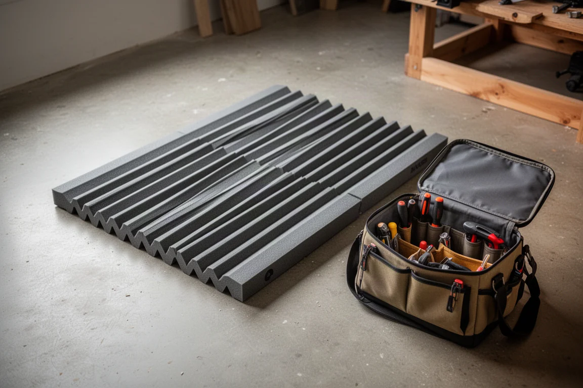 Längsgefaltete Schaumstoffmatte, ausgebreitet auf dem Werkstattboden neben einer Werkzeugtasche