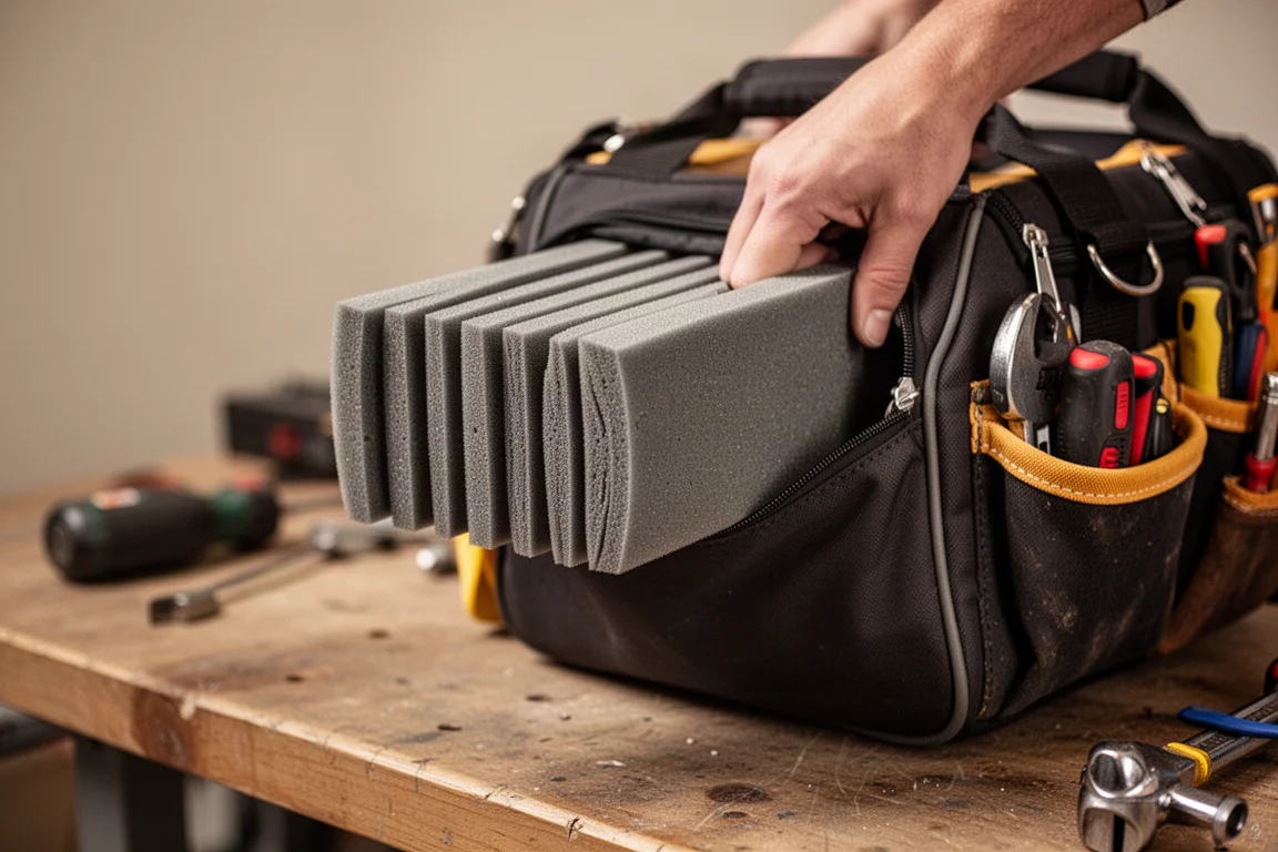 Schaumstoffmatte auf kompakte Stärke gefaltet und in eine kleine Tasche einer Werkzeugtasche geschoben