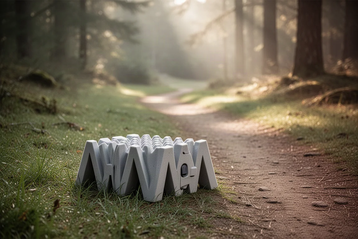 Faltbare Schaumstoffmatte als niedriger Sitz auf einer Wiese neben einem Wanderweg