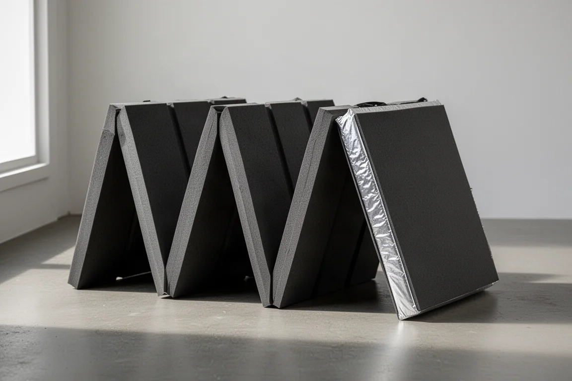 Folding closed-cell foam pad with reflective aluminum side on a concrete surface