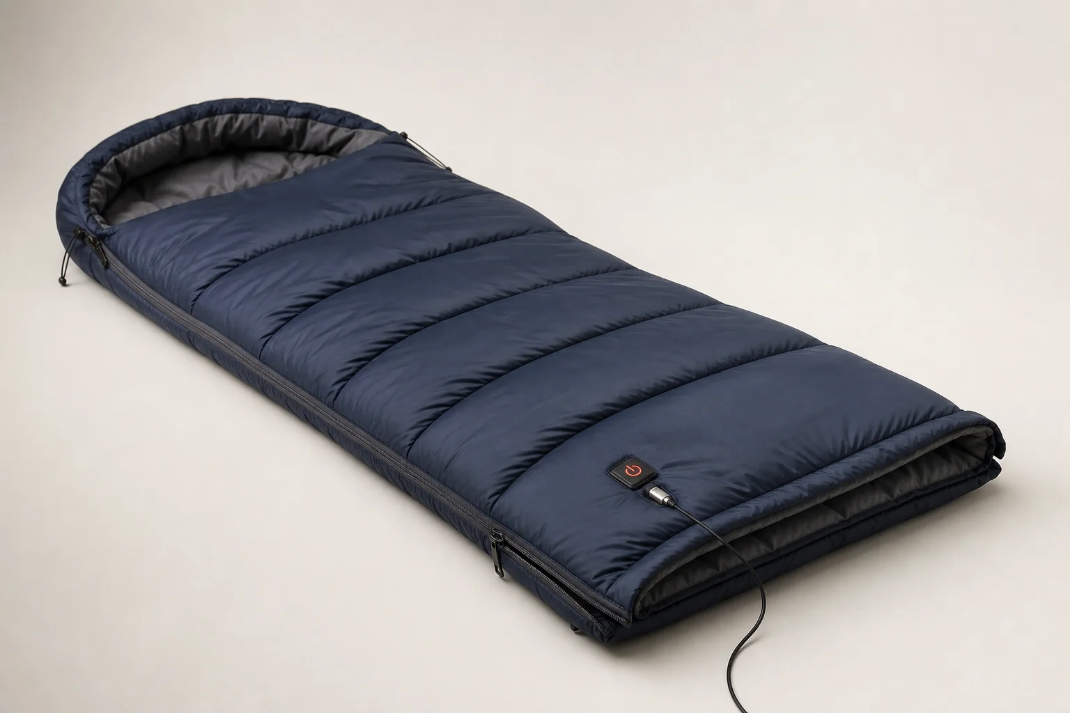 Five heated sleeping bags in various styles arranged on concrete surface