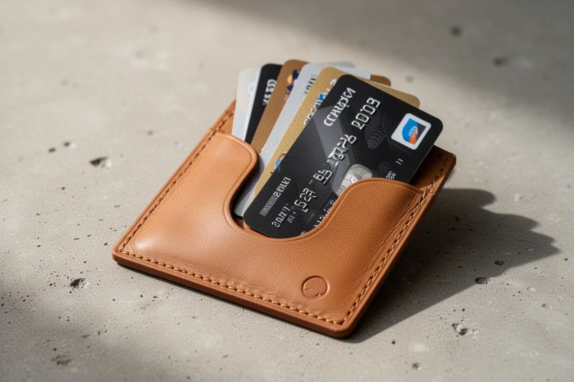Sventolata di carte di credito spinte in su attraverso un'ampia apertura per il pollice nella pelle