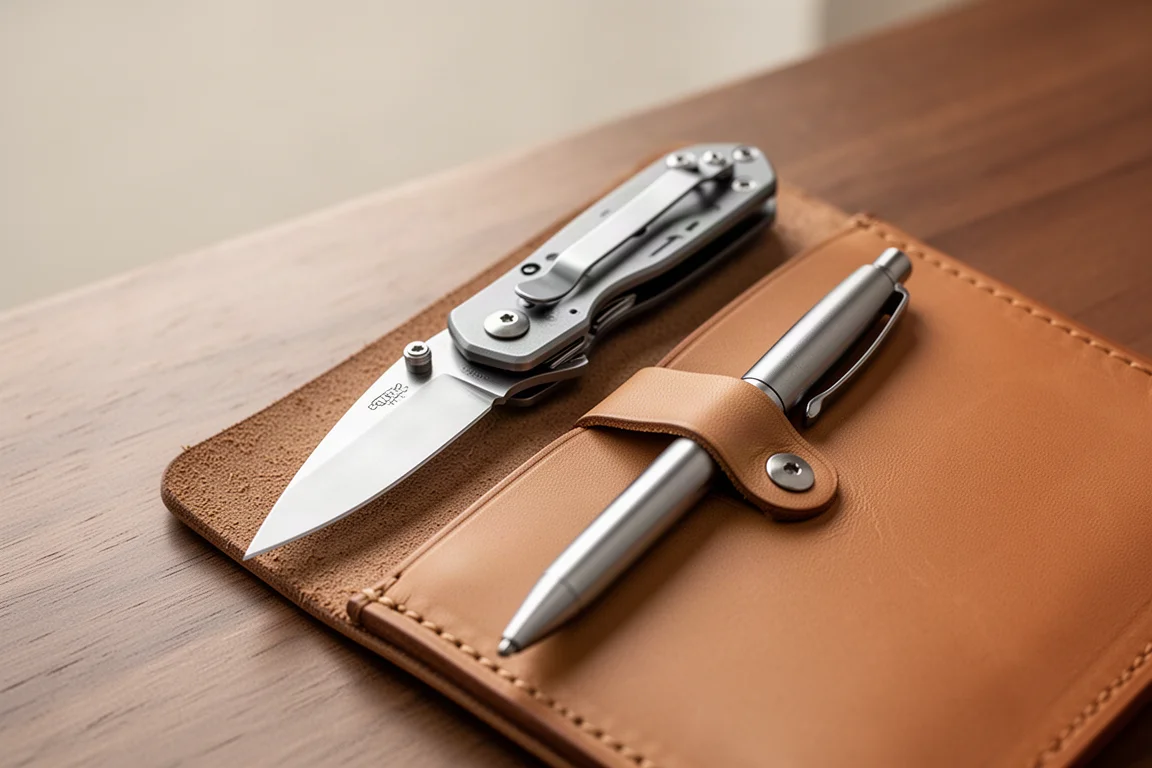Coltello pieghevole compatto e piccola penna inseriti nelle tasche in pelle sovrapposte