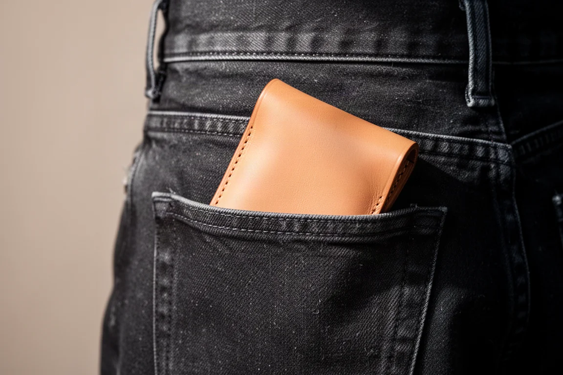 Portacomodo in pelle che scivola nella tasca posteriore di jeans di denim scuro