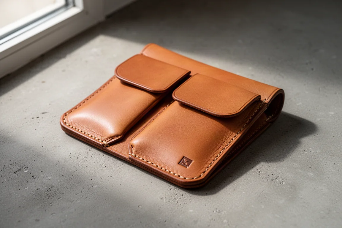 Portacomodo in pelle fatta a mano color cuoio con tasche frontali sovrapposte sul cemento