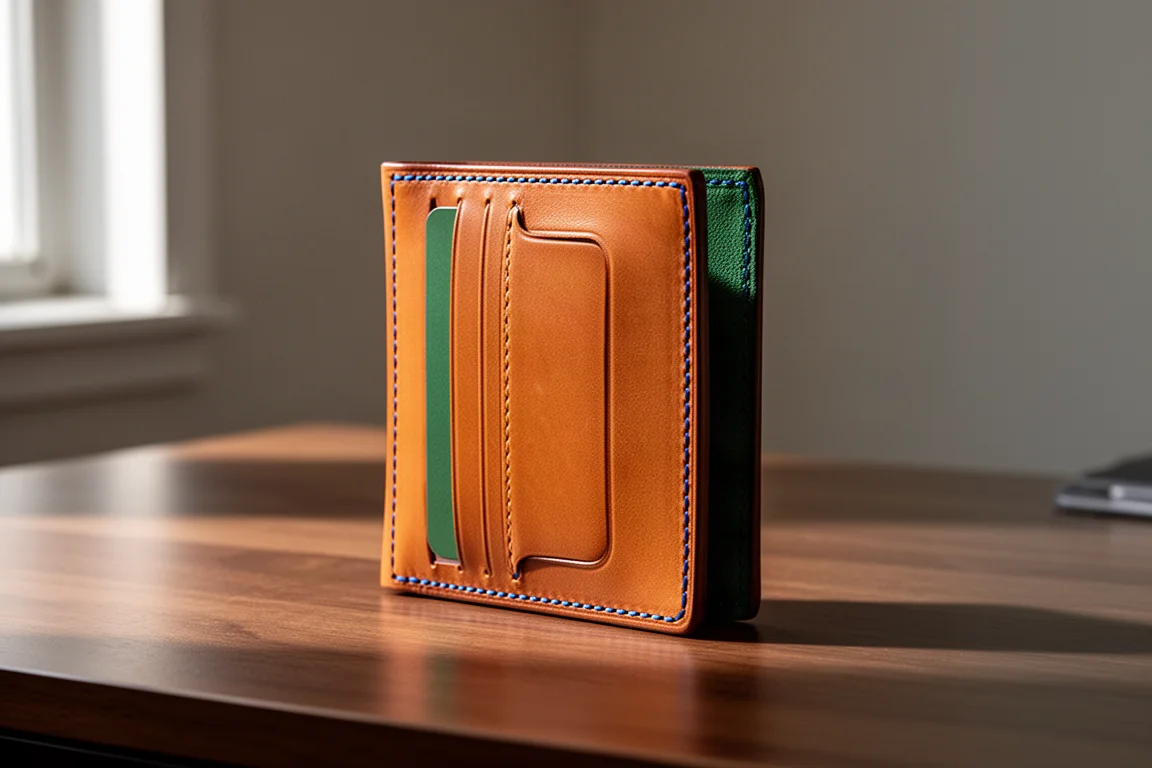 English tan leather wallet with card slots and central compartment on a wooden desk