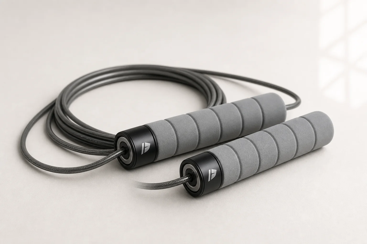 Five jump ropes with different handle styles and cable designs arranged on concrete