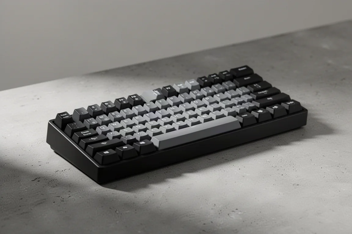 コンクリートのテーブルに置かれた、さまざまなサイズと素材のゲーミングキーボードのラインアップ
