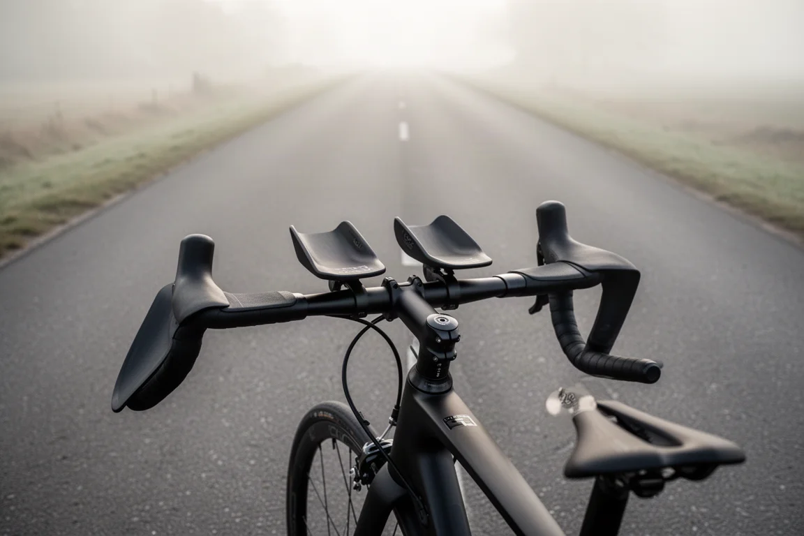 Cykelcockpit med påklämmda aeroextensions på en rak öppen väg