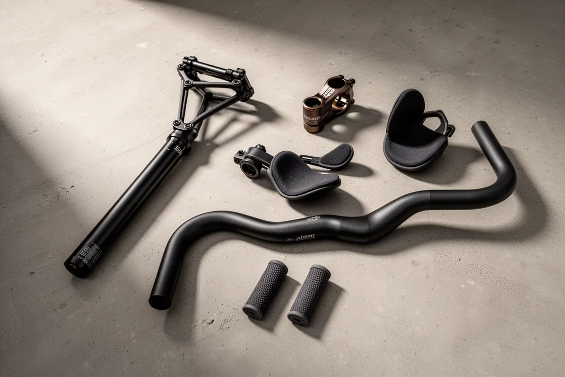 Flat-lay di componenti Redshift per bici su una superficie in cemento opaco