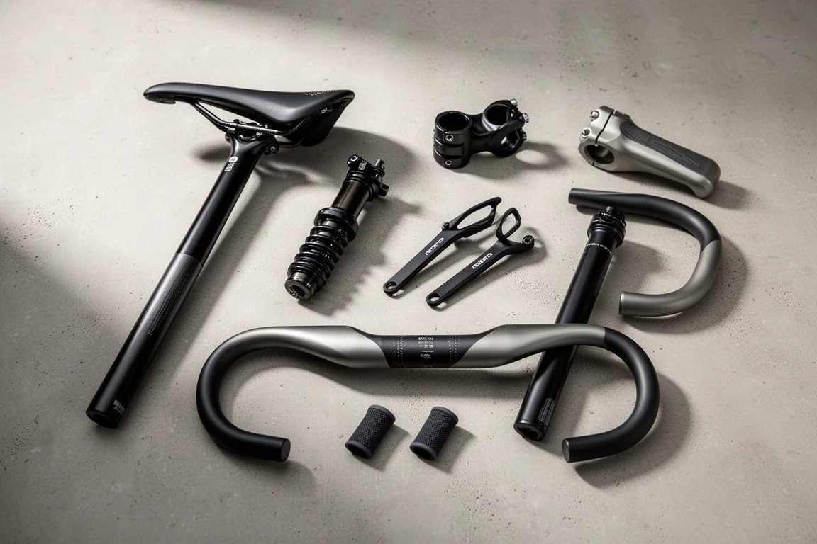 Seven Redshift cycling components arranged on a concrete surface