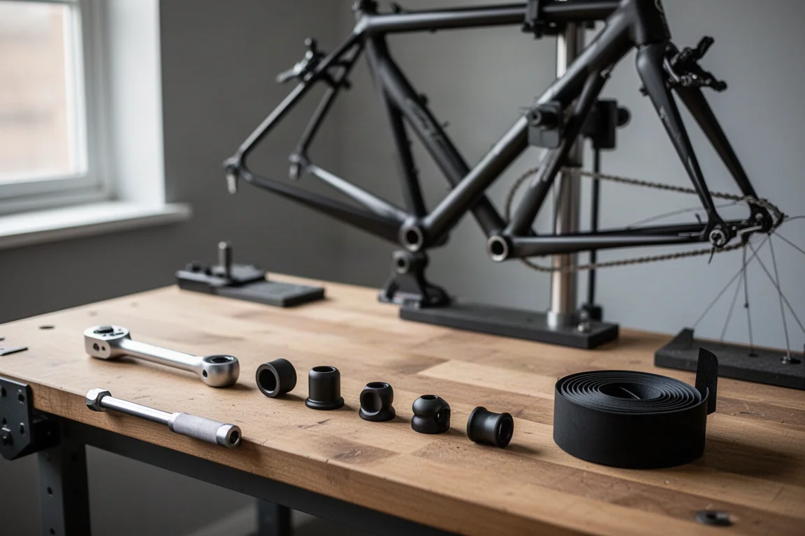 Workshop bench with a bike in a repair stand and small black components laid out