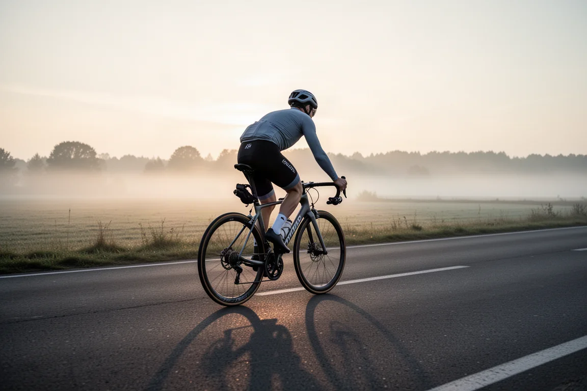 Cyclist on clip-on extensions riding a flat open road at dawn