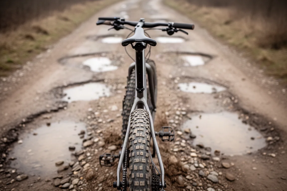 Rear view of a gravel bike on a rough potholed lane with chunky tyres