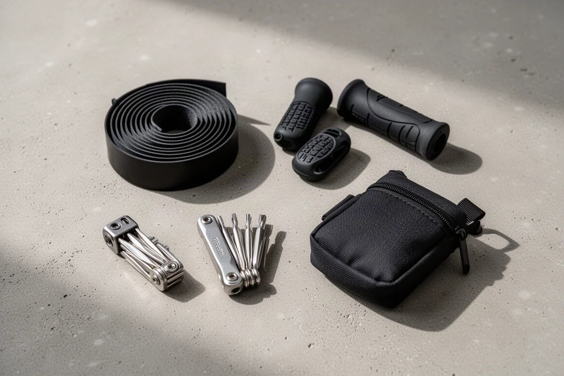 Flat lay of bar tape, small bar grips, a multi-tool and a fabric bar bag on concrete