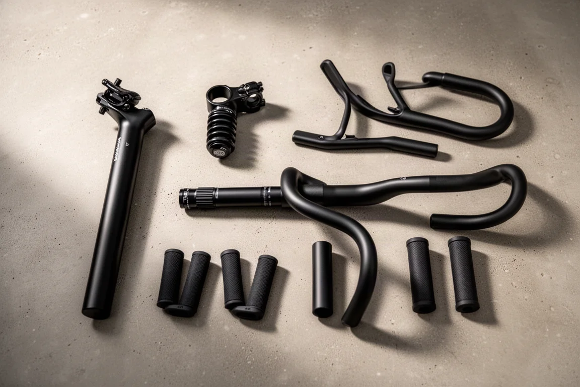 Flat lay of matte black cycling components arranged on a brushed concrete surface
