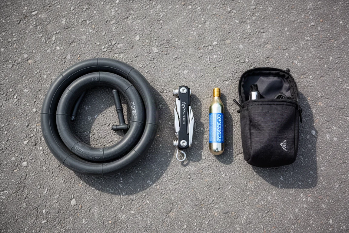 Pannenszene am Straßenrand mit Schlauch und Multitool auf dem Asphalt
