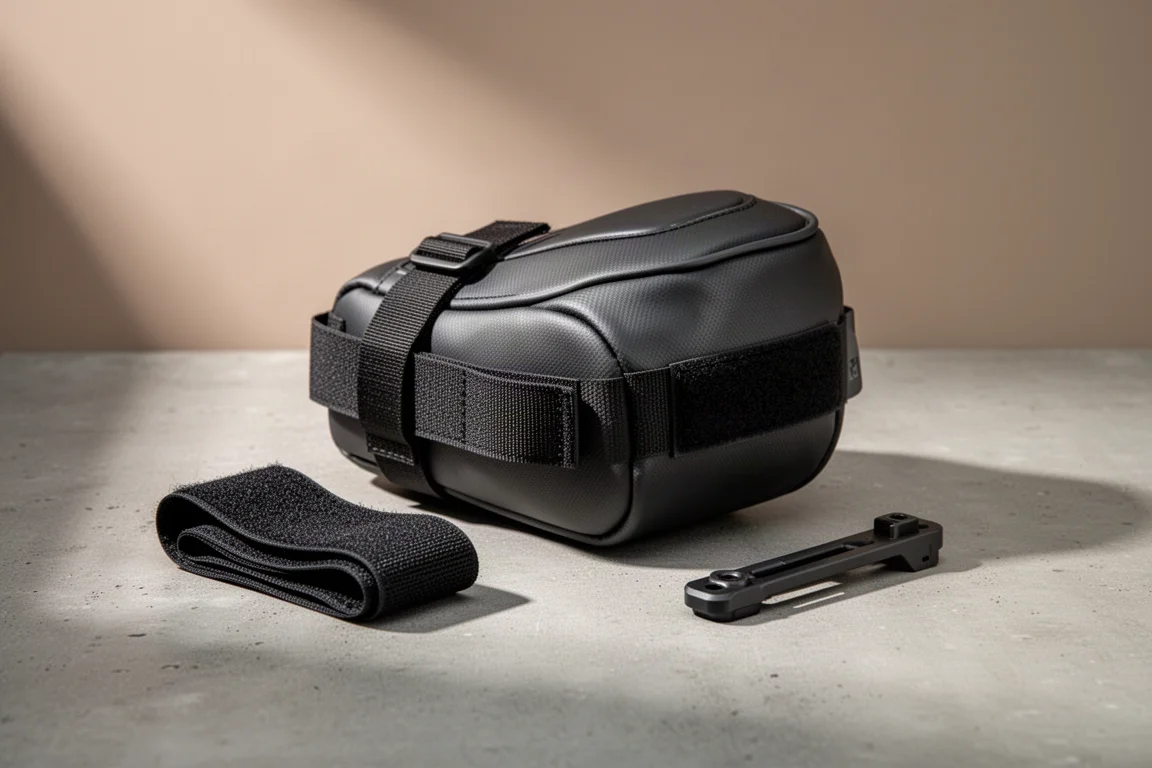 Matte black cycling saddle bag with Velcro strap and mounting bracket on concrete