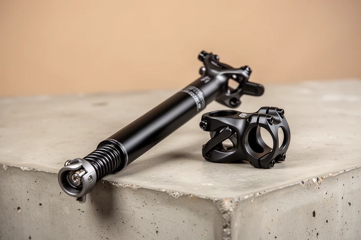 Suspension seat post and suspension stem arranged on a concrete surface