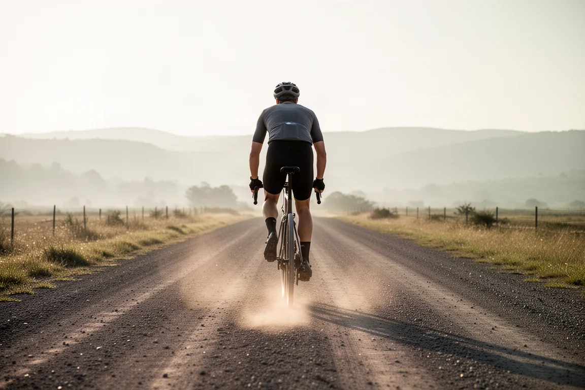 Wielrenner op een stalen gravelbike met een verhoogde drop bar op een landweg tijdens het gouden uur