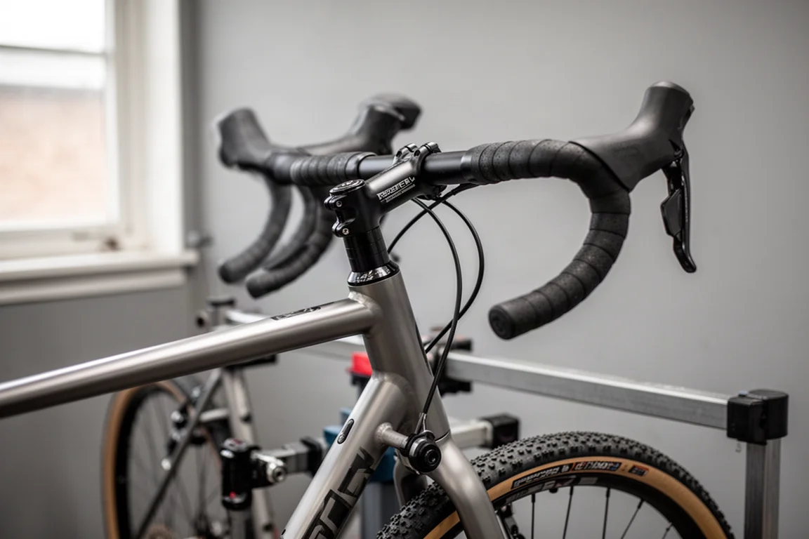 Close-up van een fietscomputer en een klein voorlicht gemonteerd op de bovenkant van een zwarte drop bar