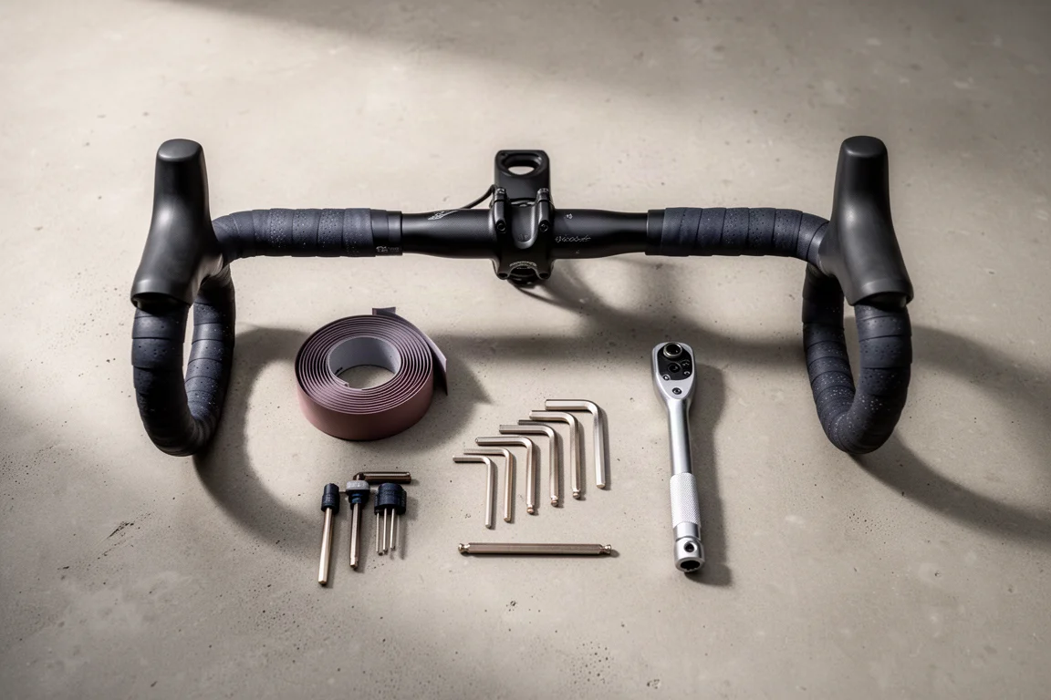 Flat lay van stuurlint, een momentsleutel en inbussleutels op een betonnen ondergrond
