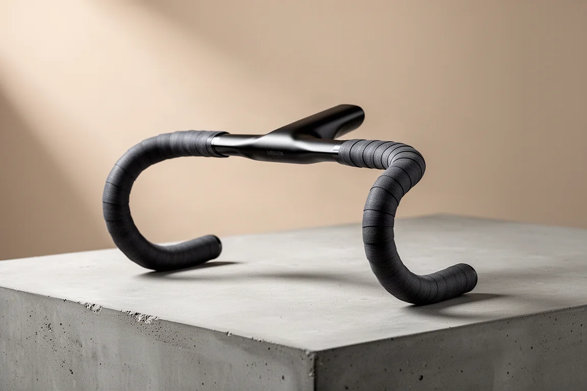 Matte black flared drop handlebar with rise on a concrete surface beside bar tape