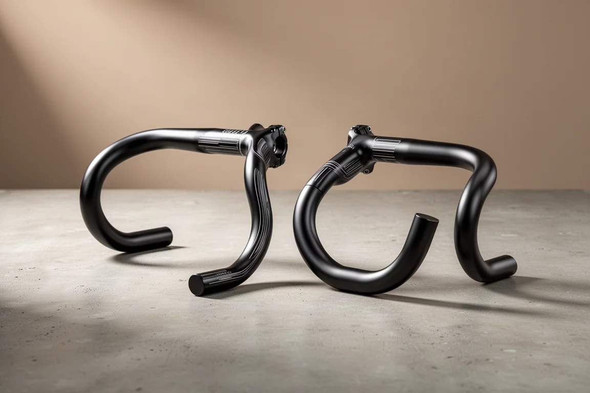 Two alloy drop handlebars with an upward rise arranged side by side on a concrete surface