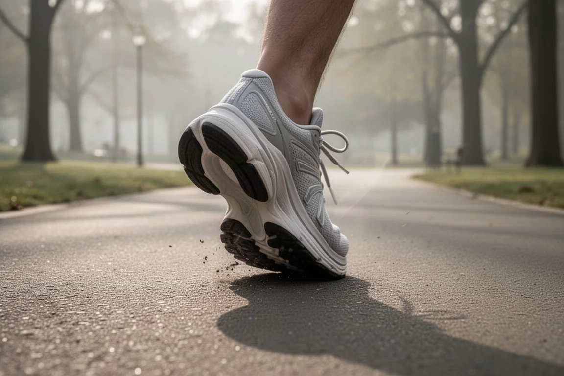 Thick-soled running shoe seen mid-stride on smooth asphalt in soft light