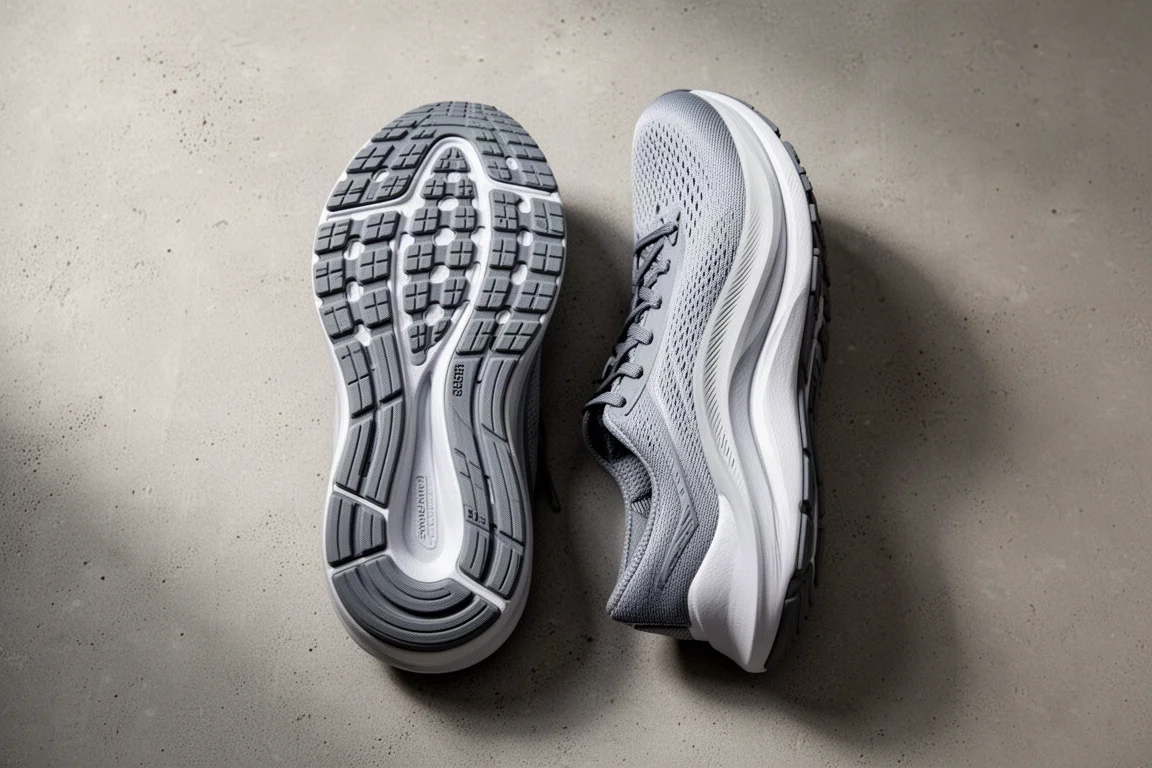 Full-length rubber outsole of a running shoe on a concrete surface
