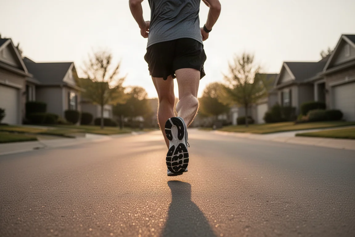 Runner cruising along a quiet suburban road at easy pace