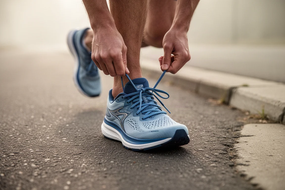 Hardloper strikt een hardloopschoen aan op een rustige straat vóór een runsessie