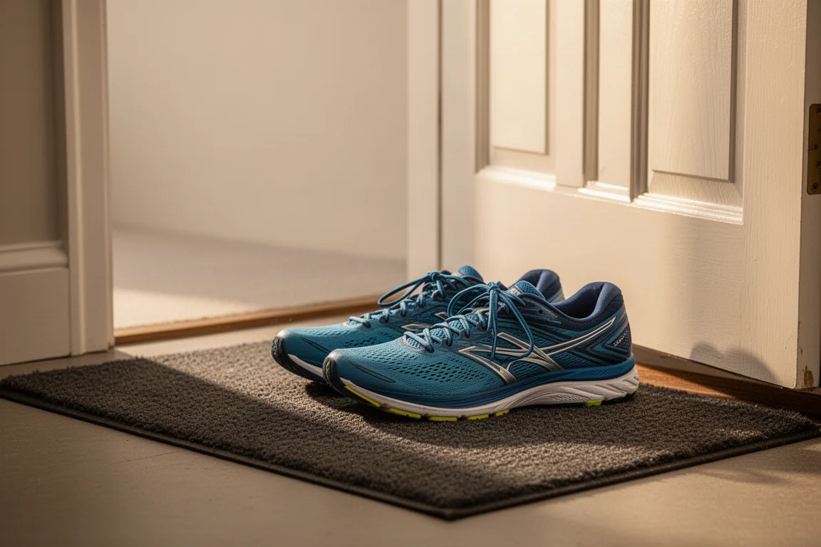 Hardloopschoenen naast een voordeur, klaar voor een rustige dagelijkse run